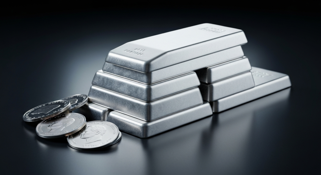 Stack of silver bullion bars and coins